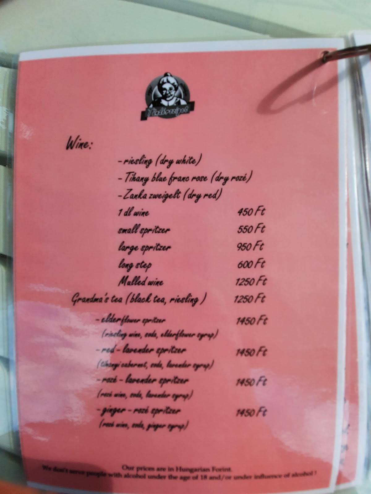 Tündérsziget - nagyi sütödéje меню