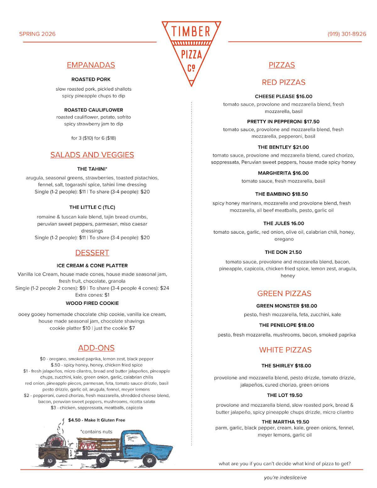 Timber Pizza Co. Raleigh меню