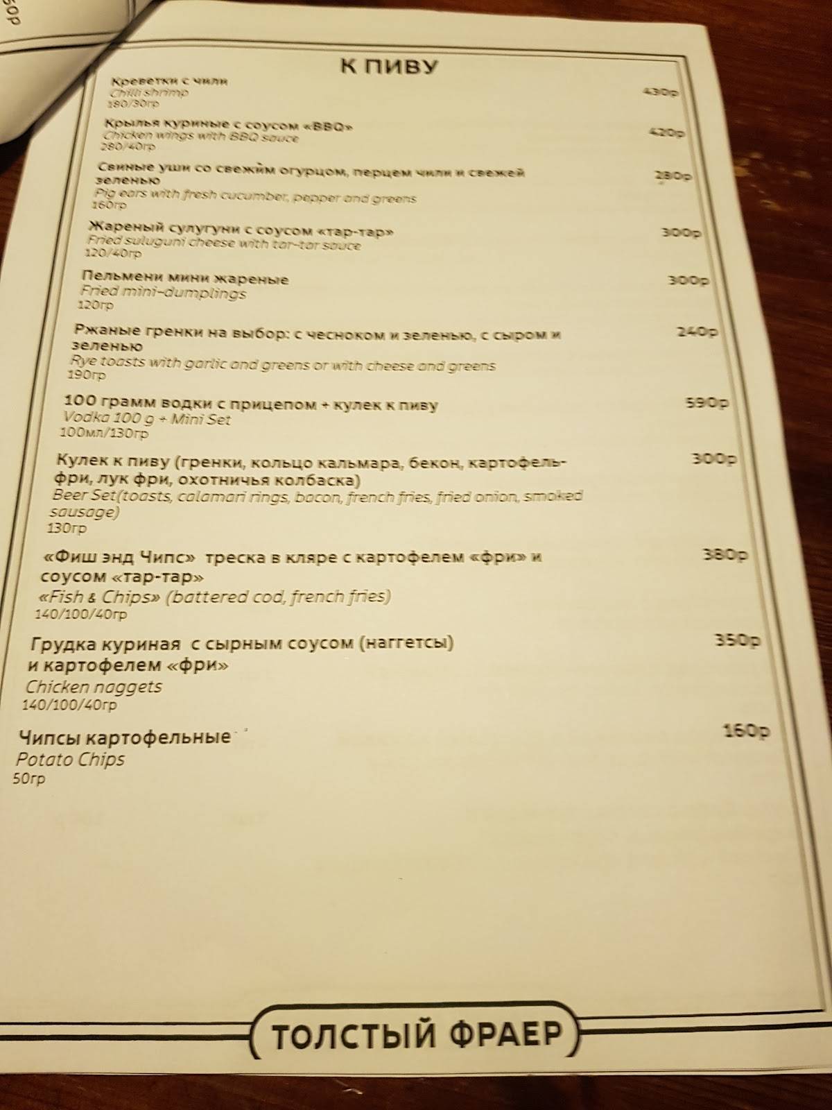 Толстый Фраер меню