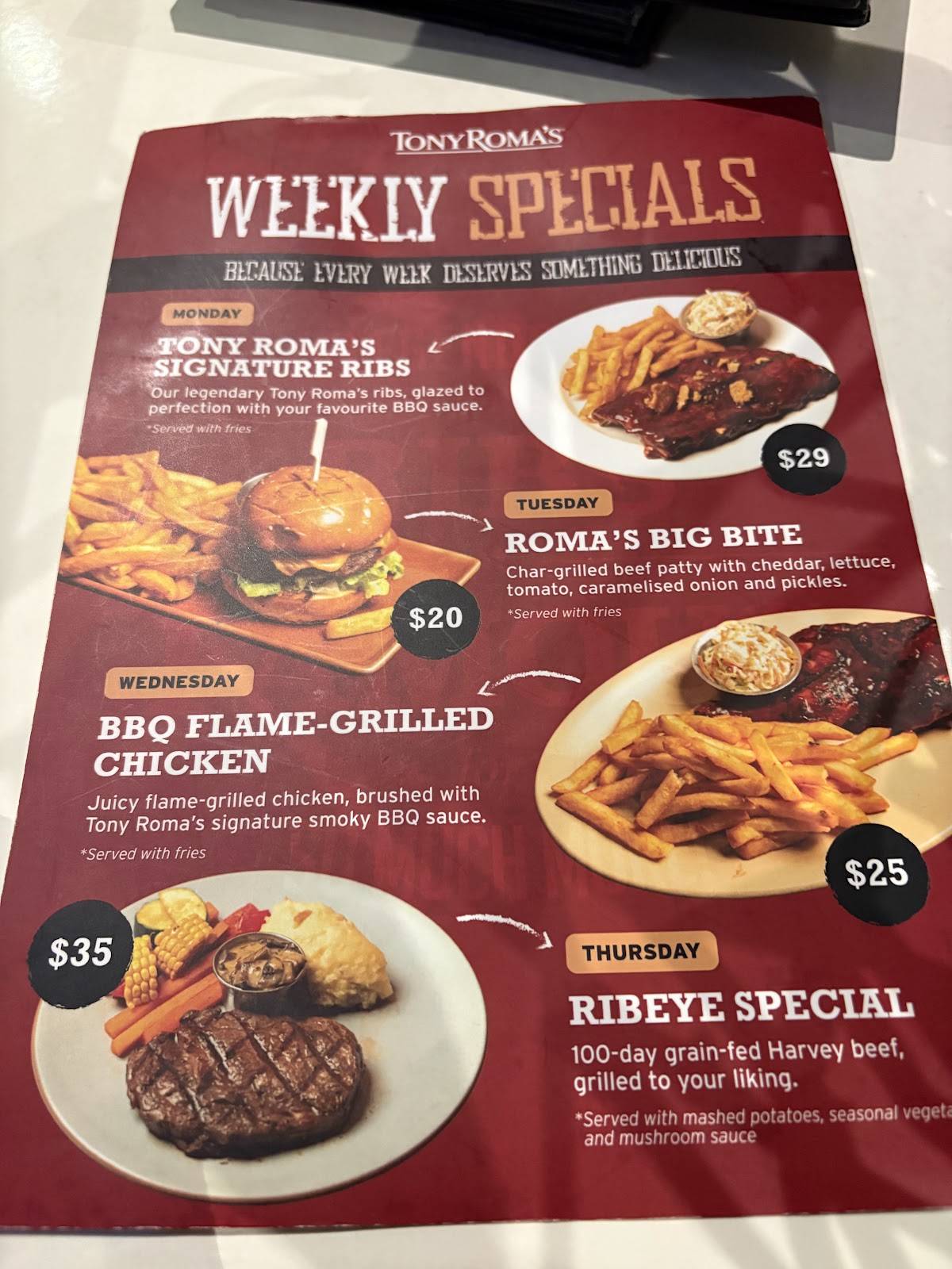 Tony Roma's меню