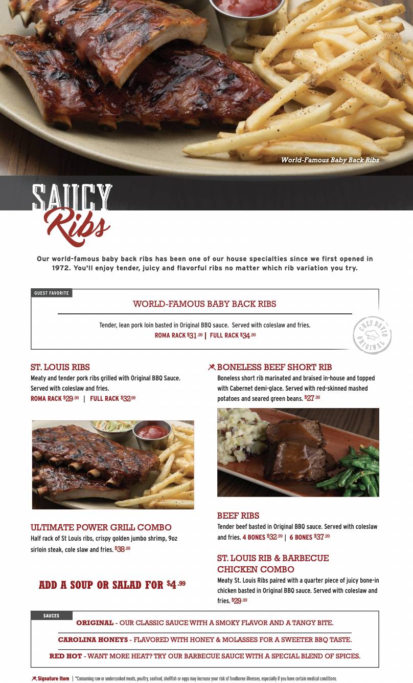 Tony Roma's меню