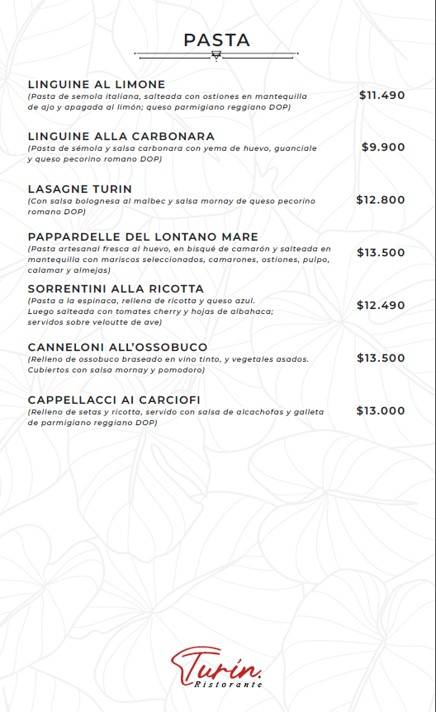 Turin Ristorante меню