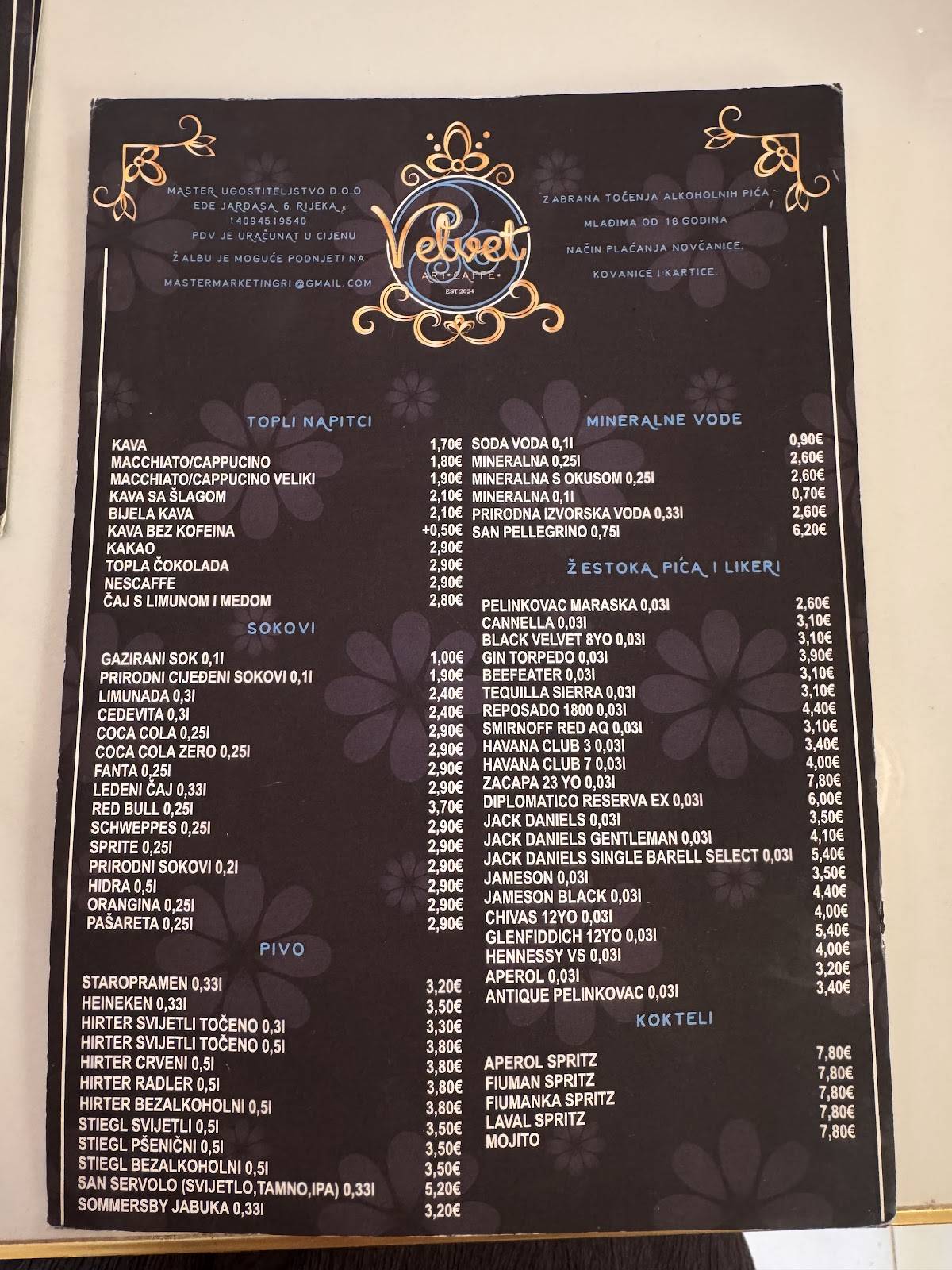 Velvet • Art Caffe • меню