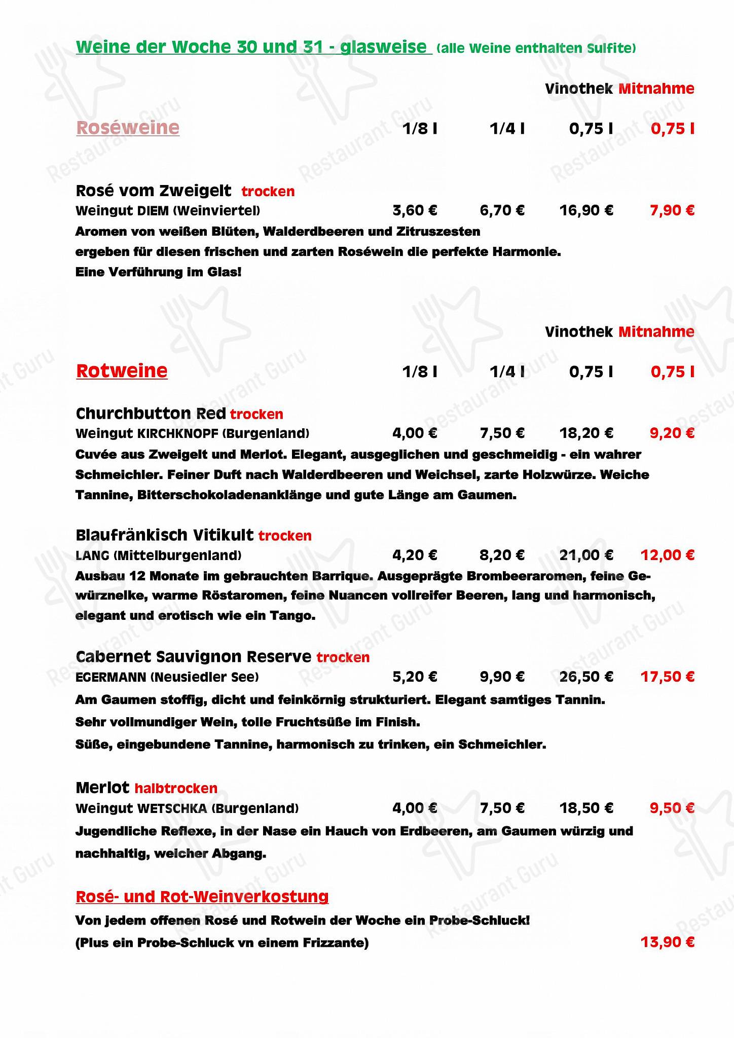 Меню паба и бара Vinothek Hacker - Dinner Menu