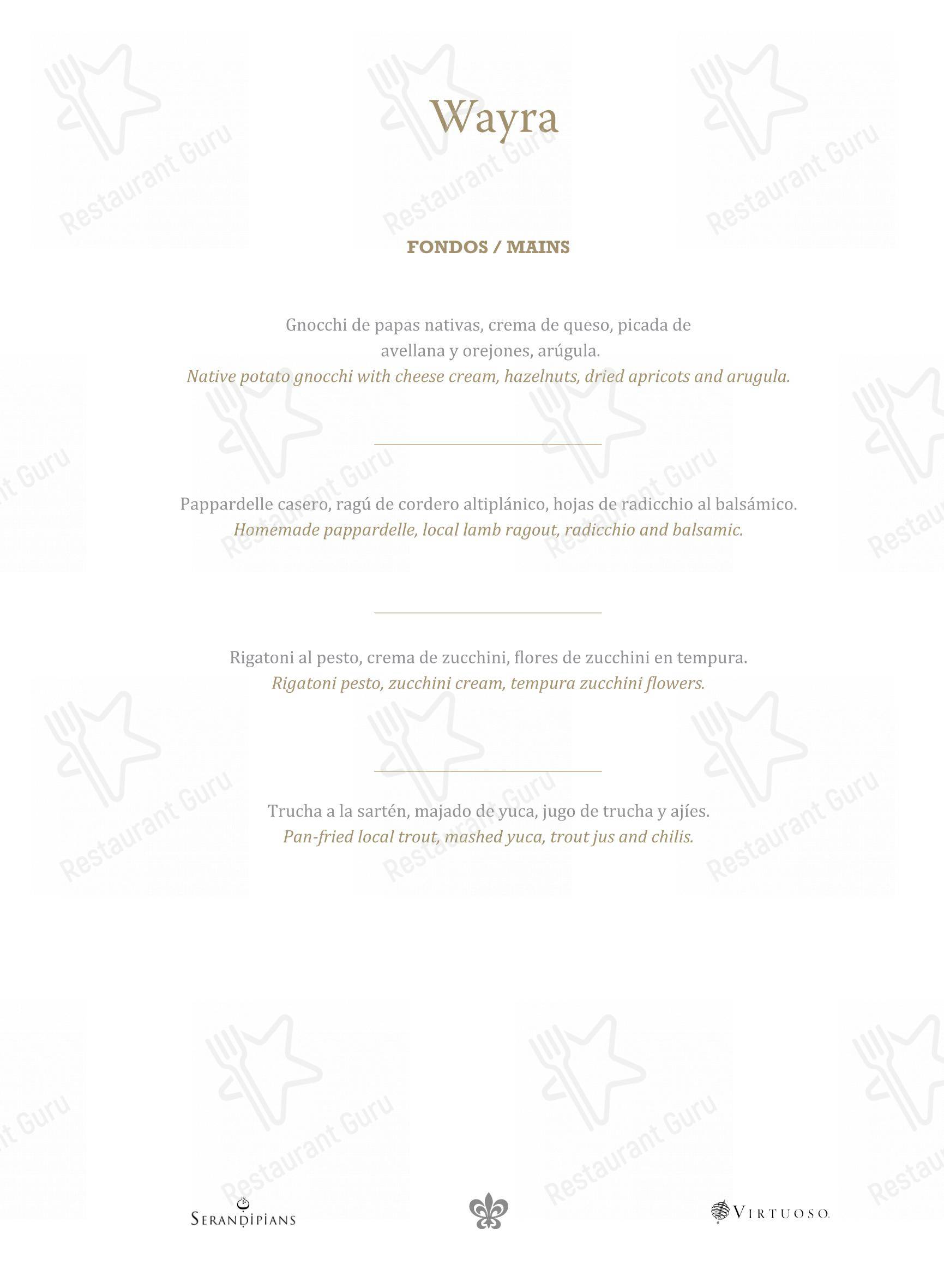 Wayra - Relais & Chateaux в Урубамбе - Меню