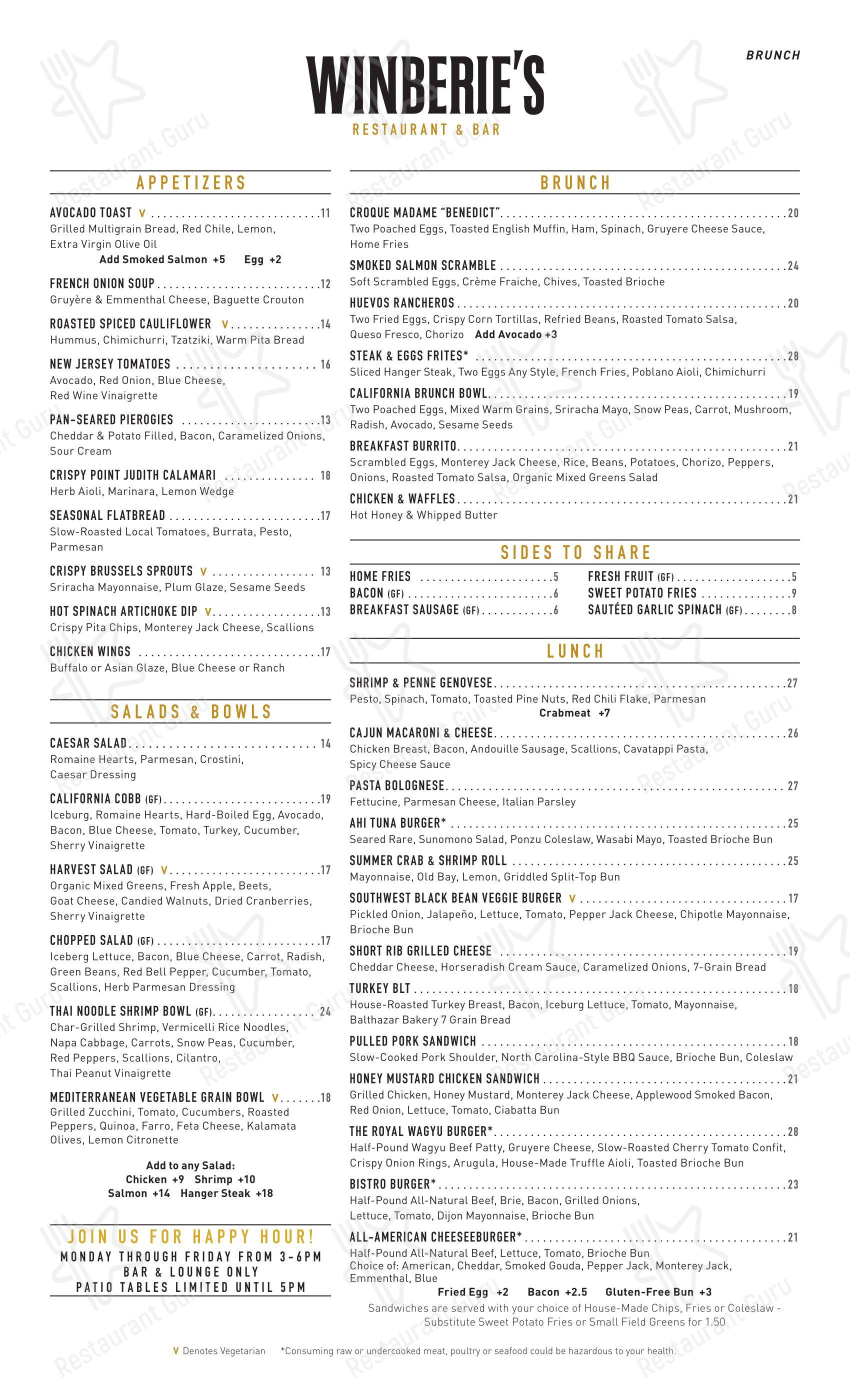 Ночное меню паба и бара Winberie's Restaurant & Bar в Саммите
