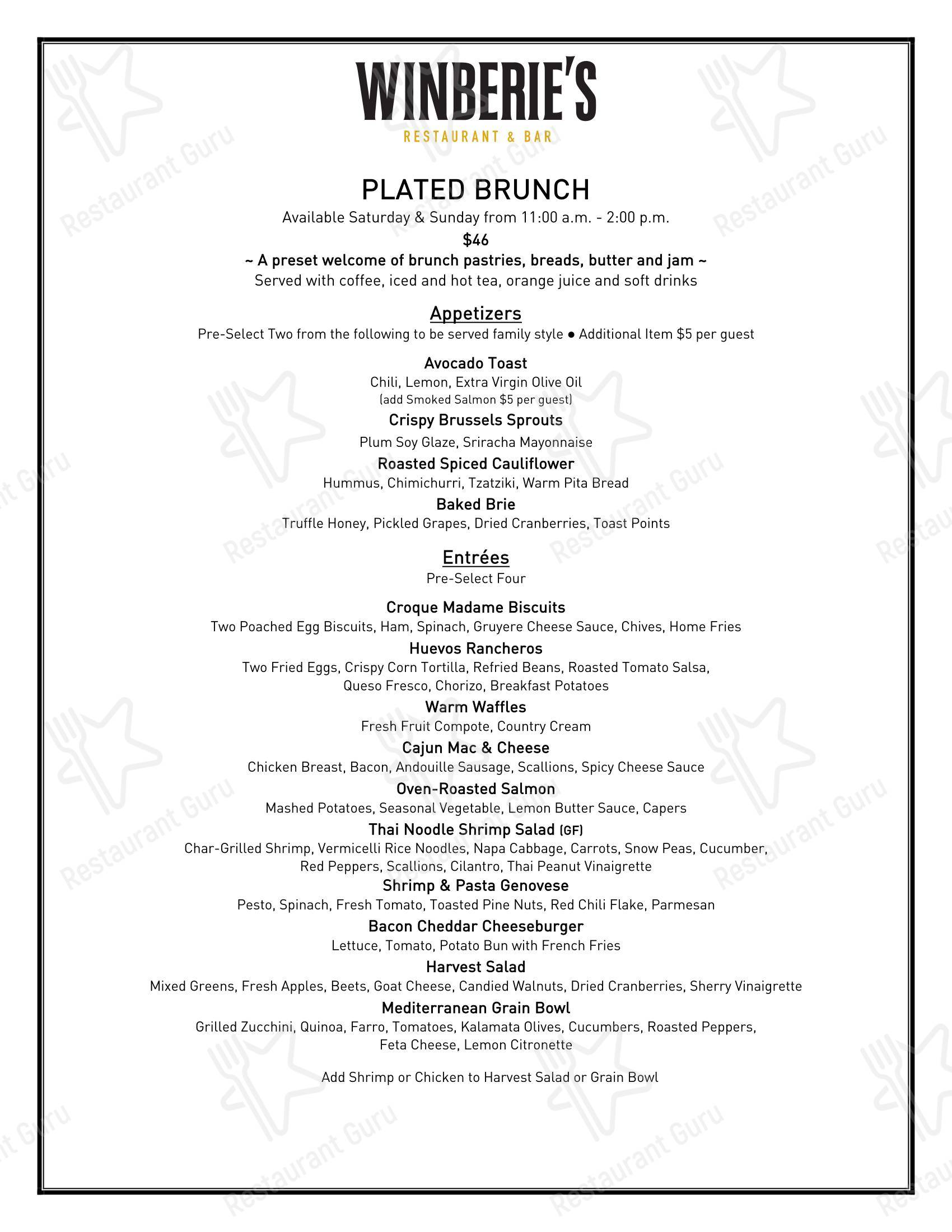 Меню паба и бара Winberie's Restaurant & Bar - Wine Menu
