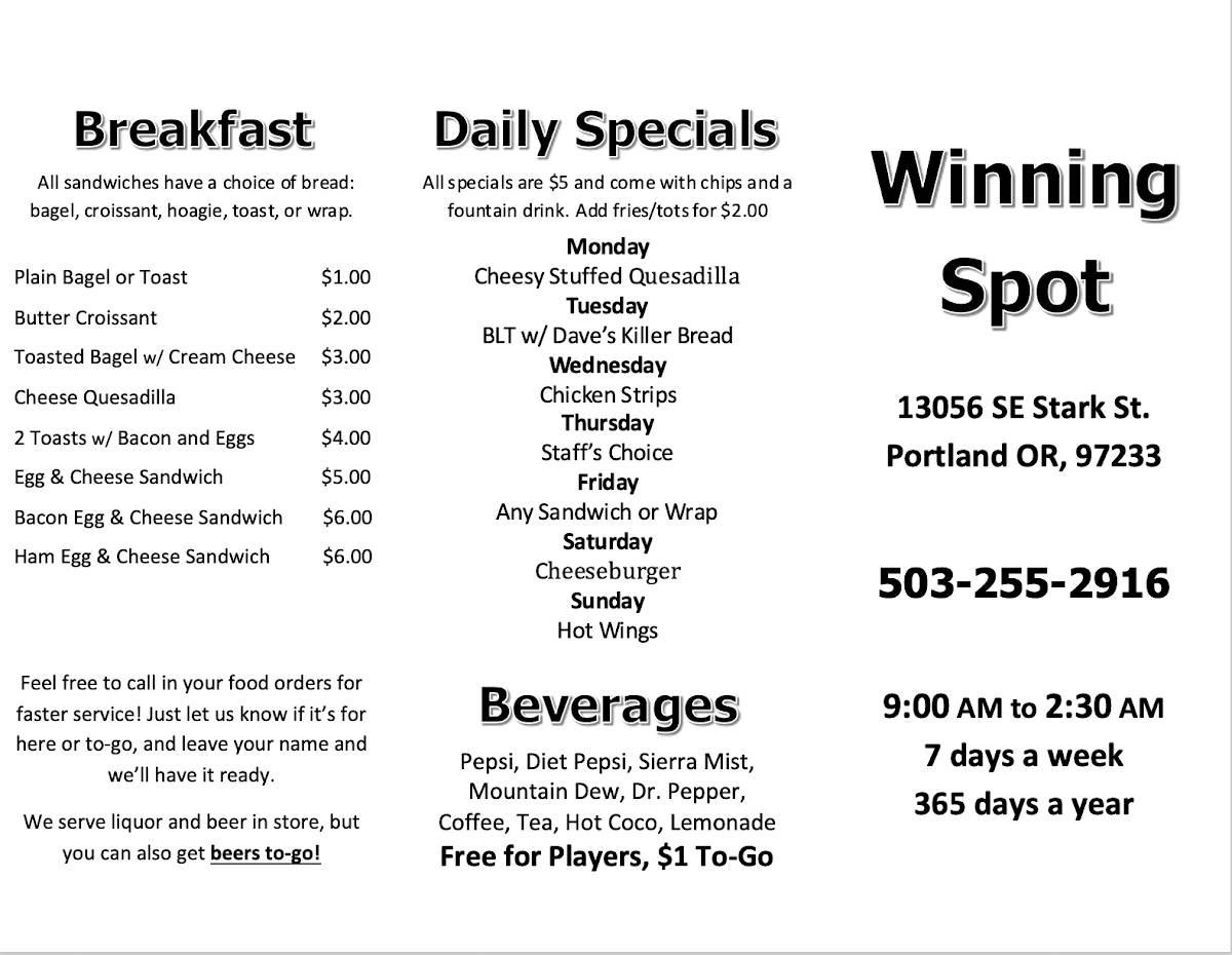 Winning Spot Bar & Lottery меню