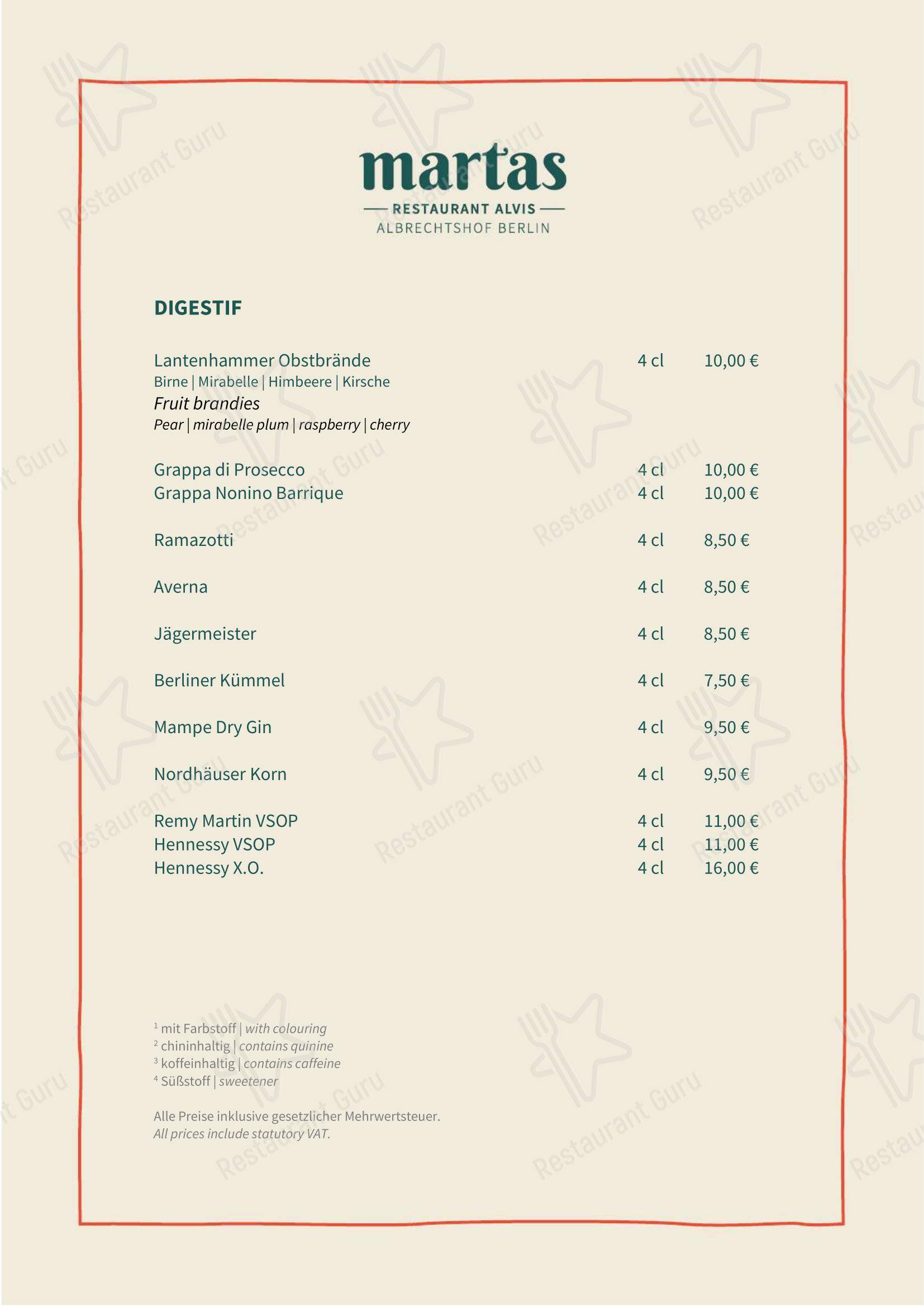 martas Restaurant Alvis в Берлине - Меню