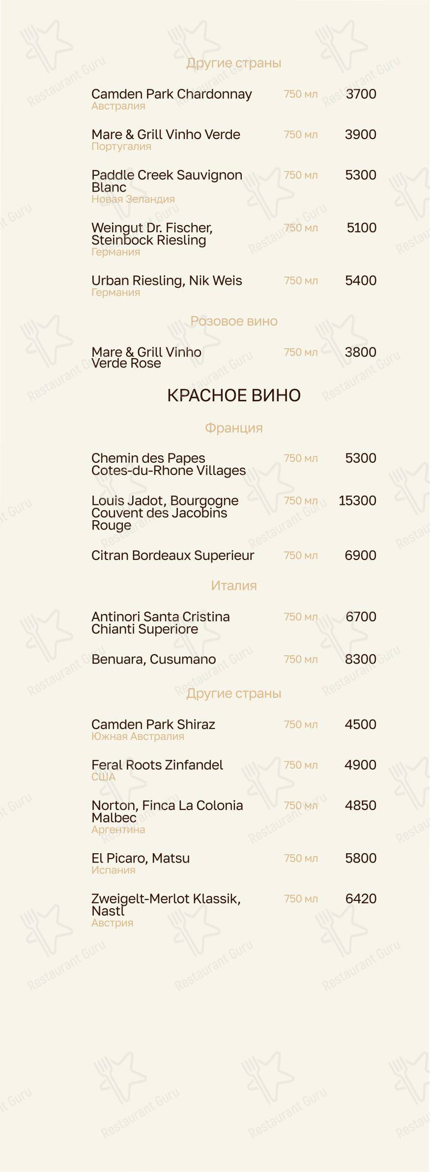 Меню напитков ресторана Арцибашев