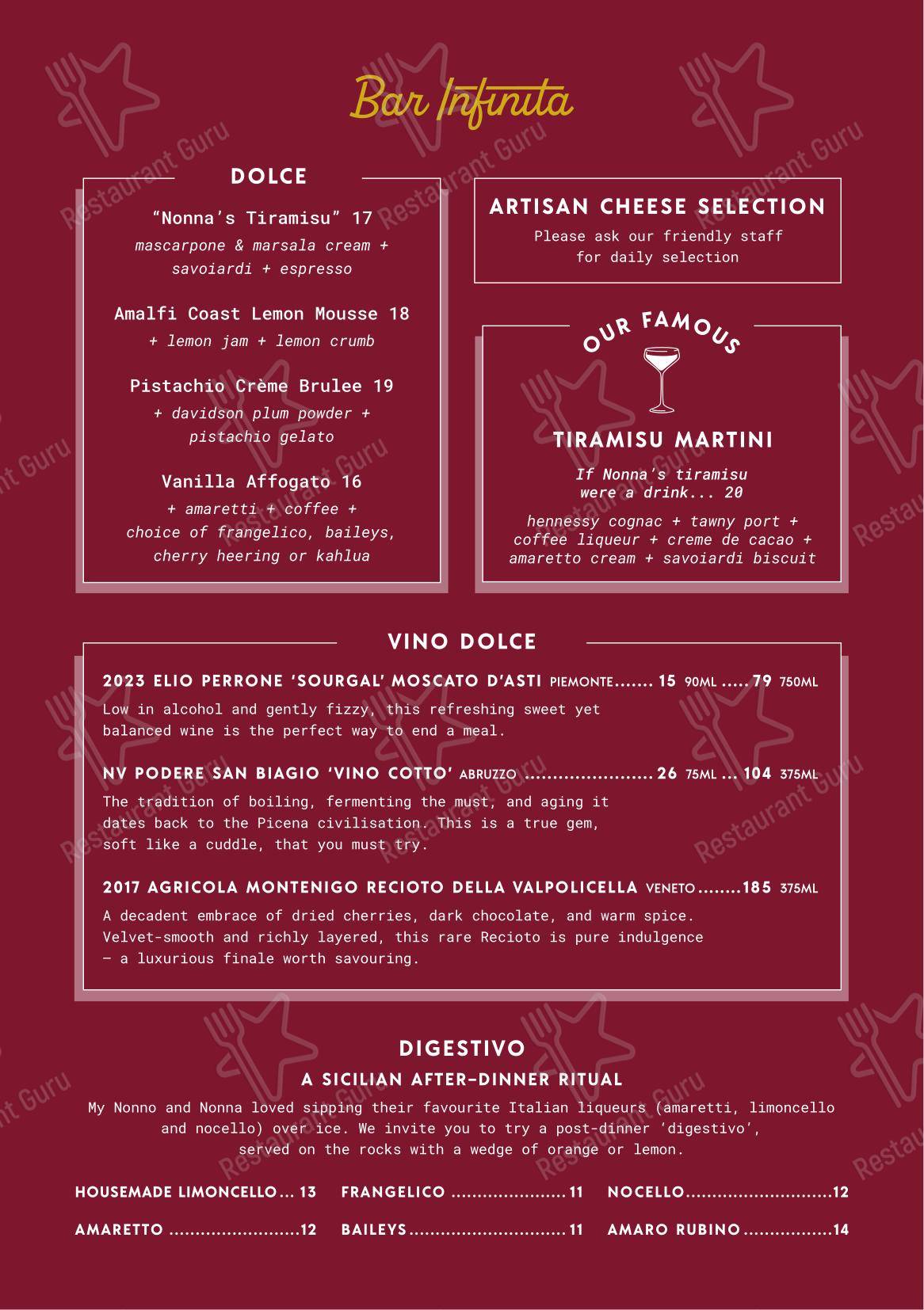 Bar Infinita в Гордоне - Dinner Menu
