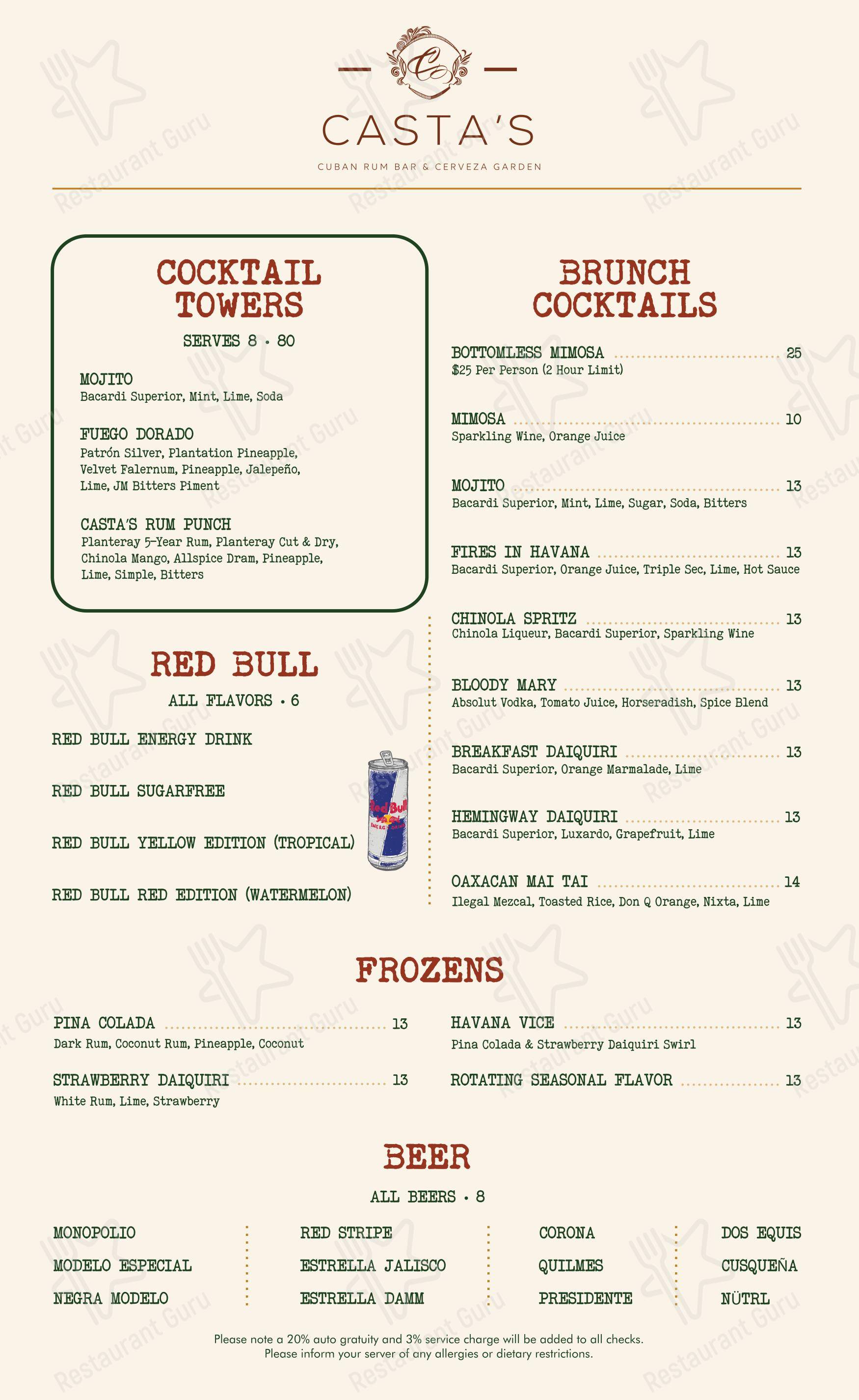 Меню паба и бара Casta's Rum Bar - Меню напитков