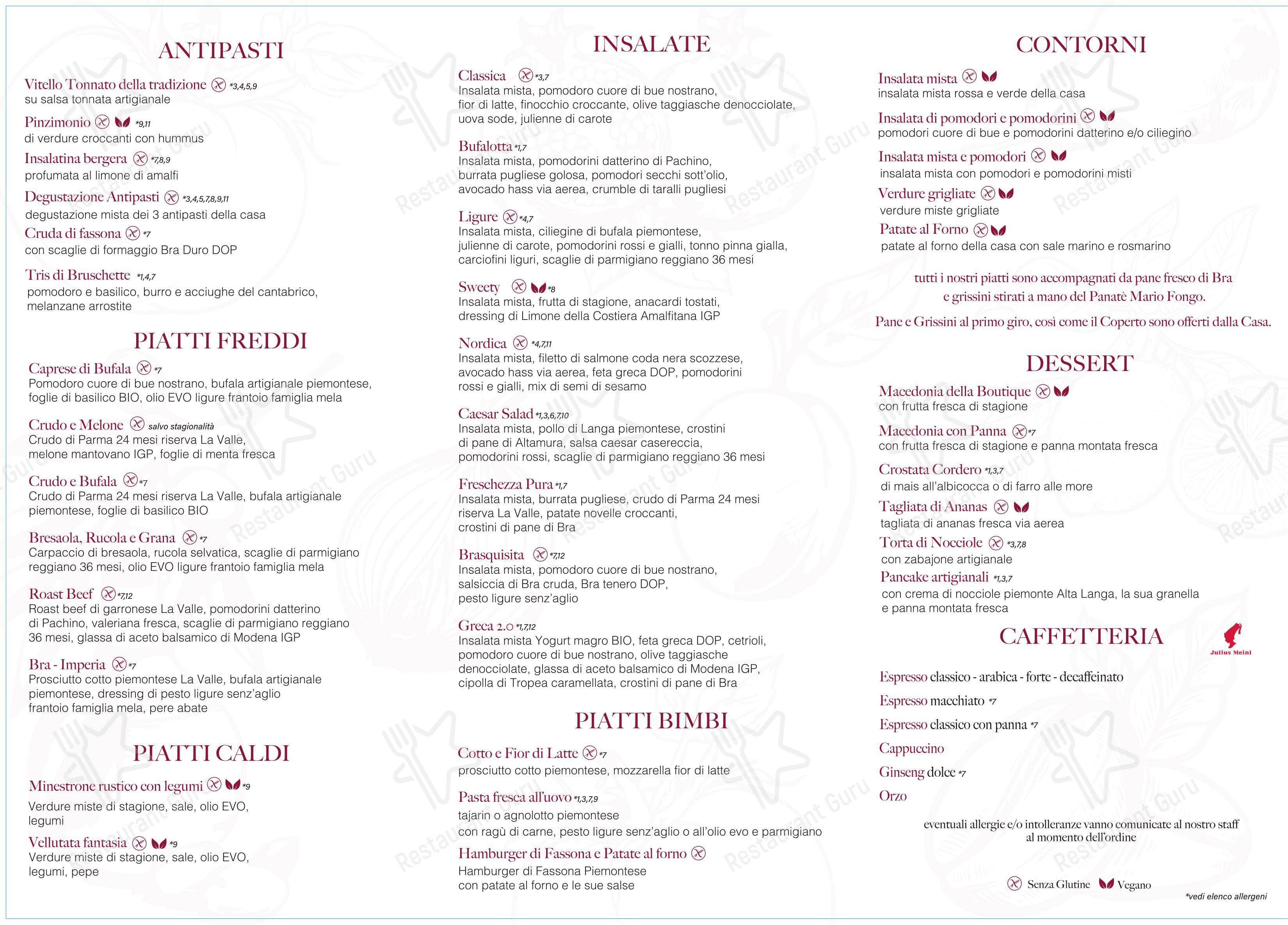 Frutta Rey Boutique & Bistrot в Бра - Меню