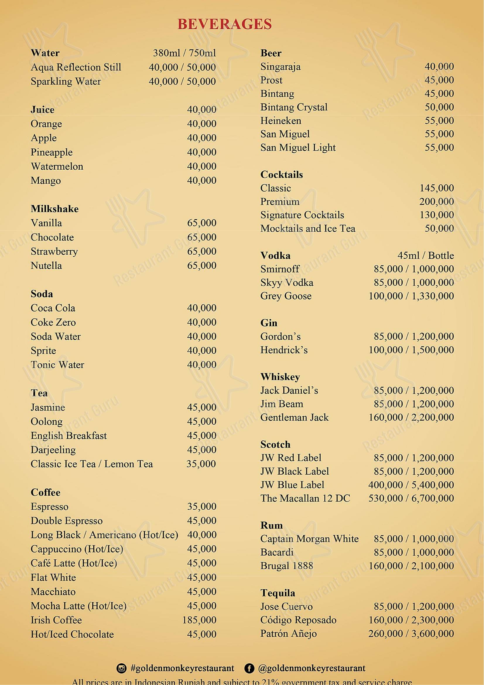 Меню ресторана Golden Monkey Ubud - Меню
