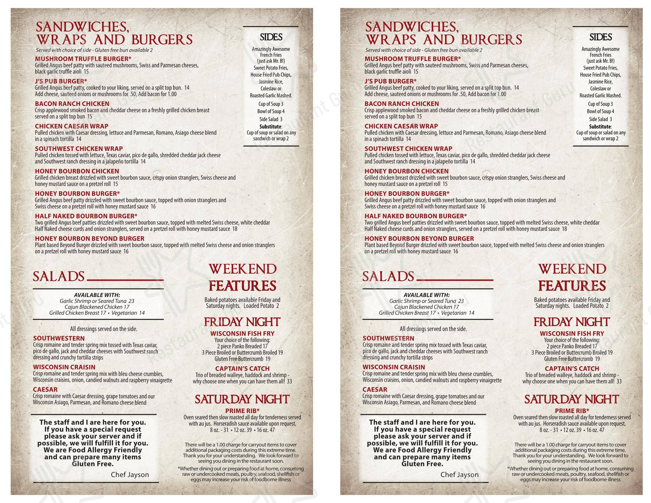 Основное меню паба и бара J's Pub & Grill в Ридсберге