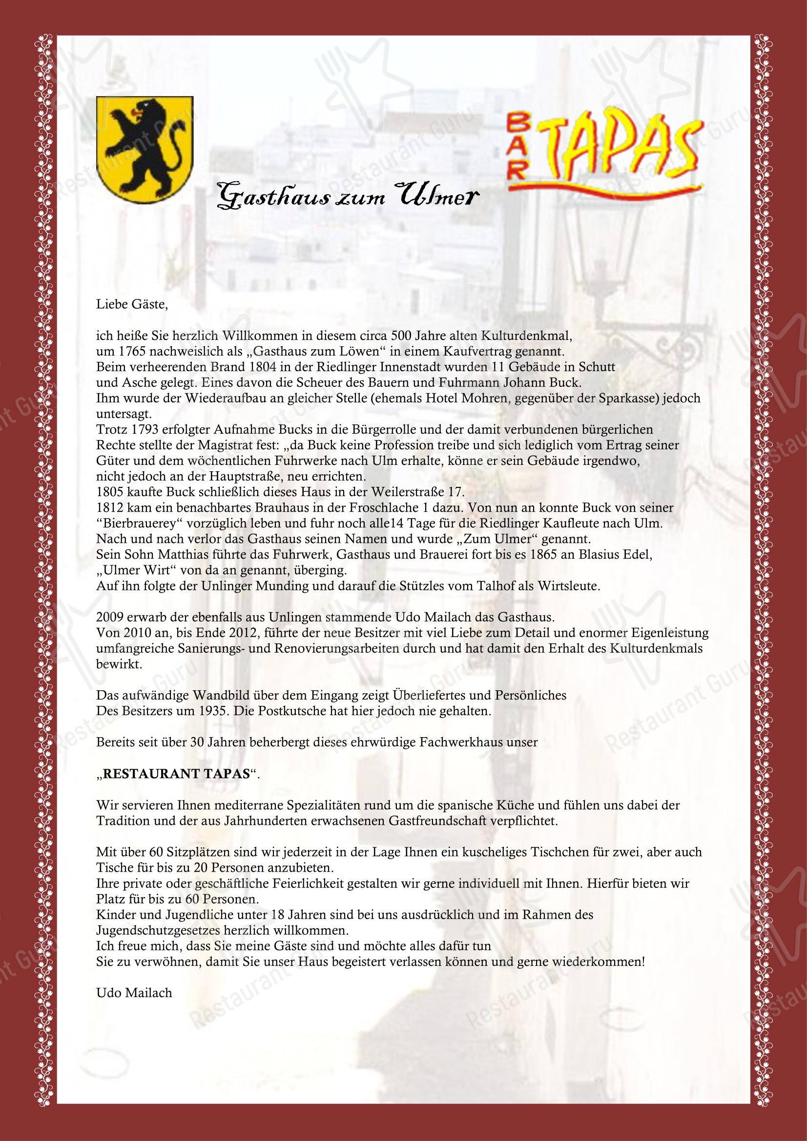 Меню паба и бара RESTAURANT BAR TAPAS в Ридлингене