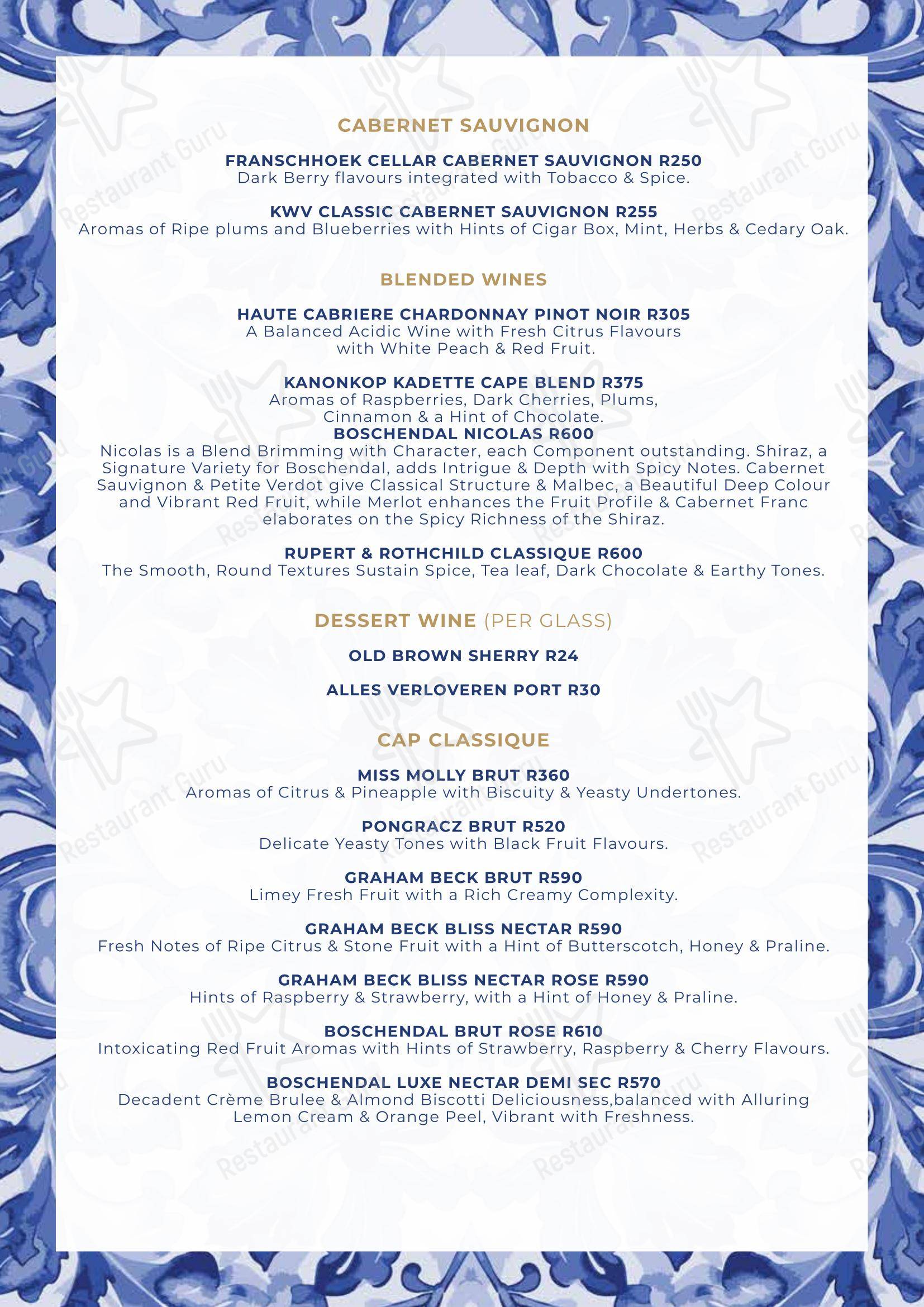 Carte menu ресторана Restaurant Cielo @ Avianto