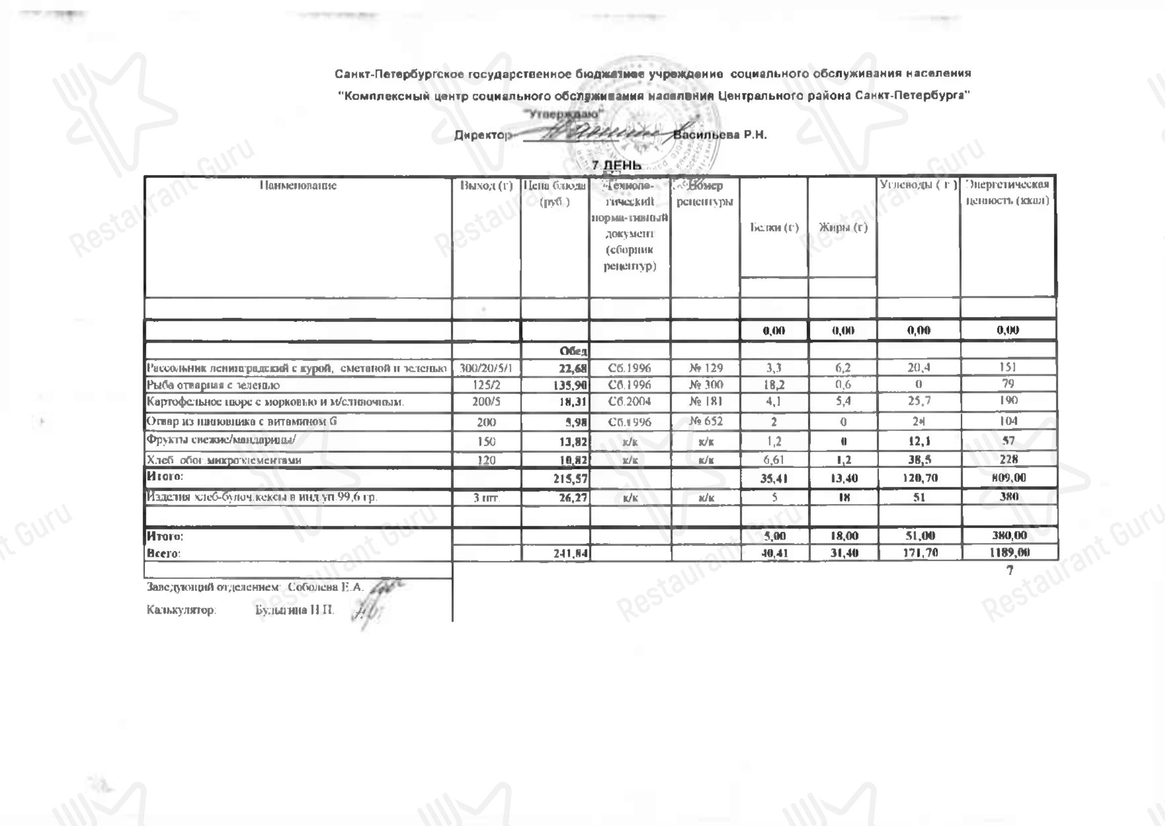 Меню ресторана Социальная cтоловая