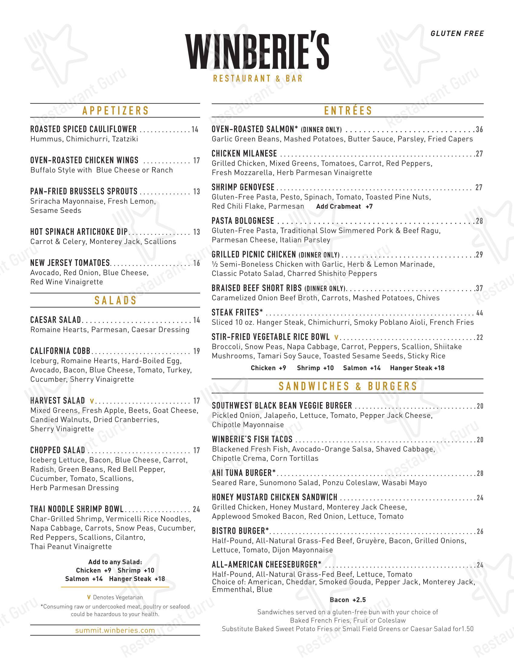 Меню паба и бара Winberie's Restaurant & Bar - Dinner Menu