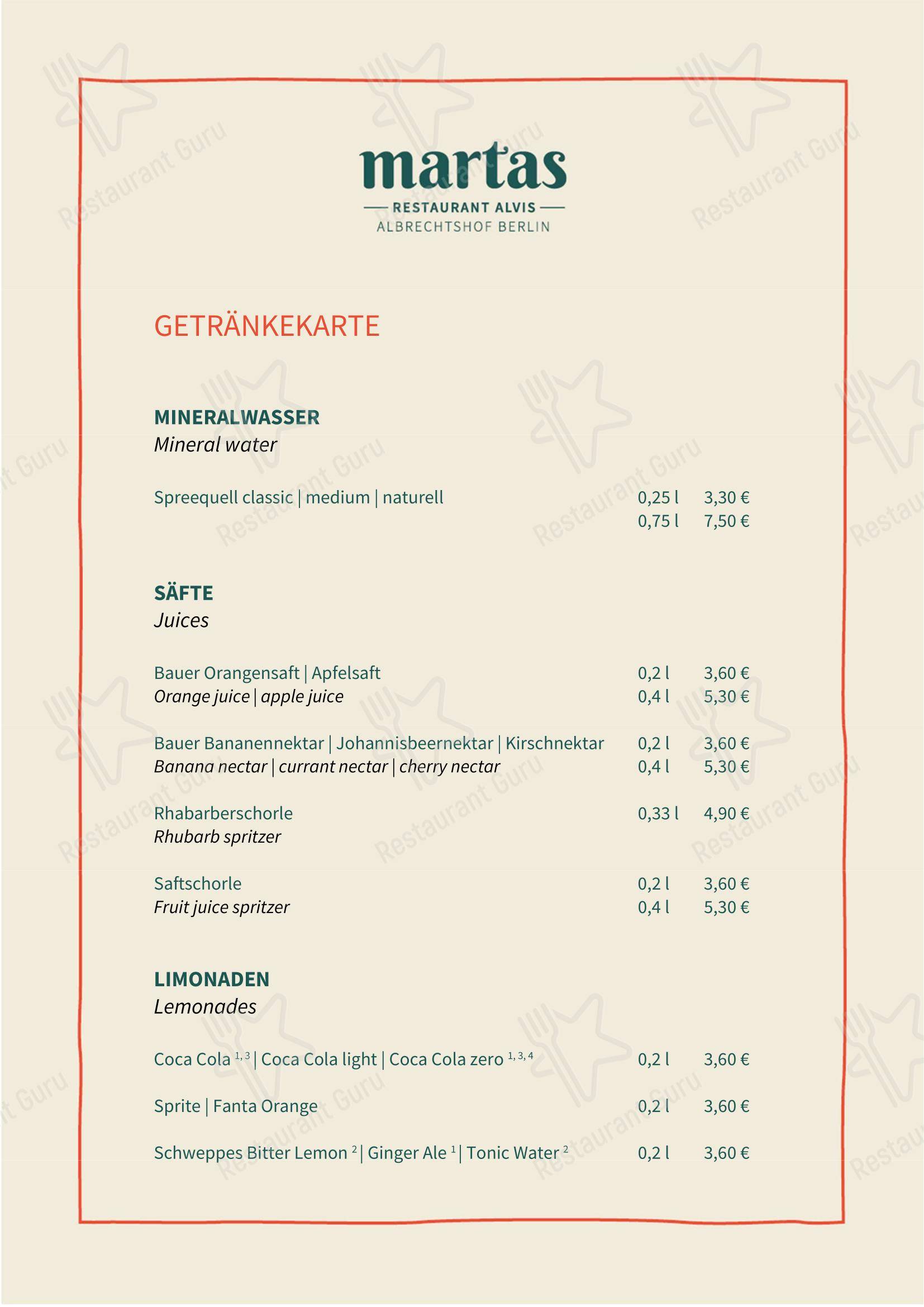 martas Restaurant Alvis в Берлине - Меню