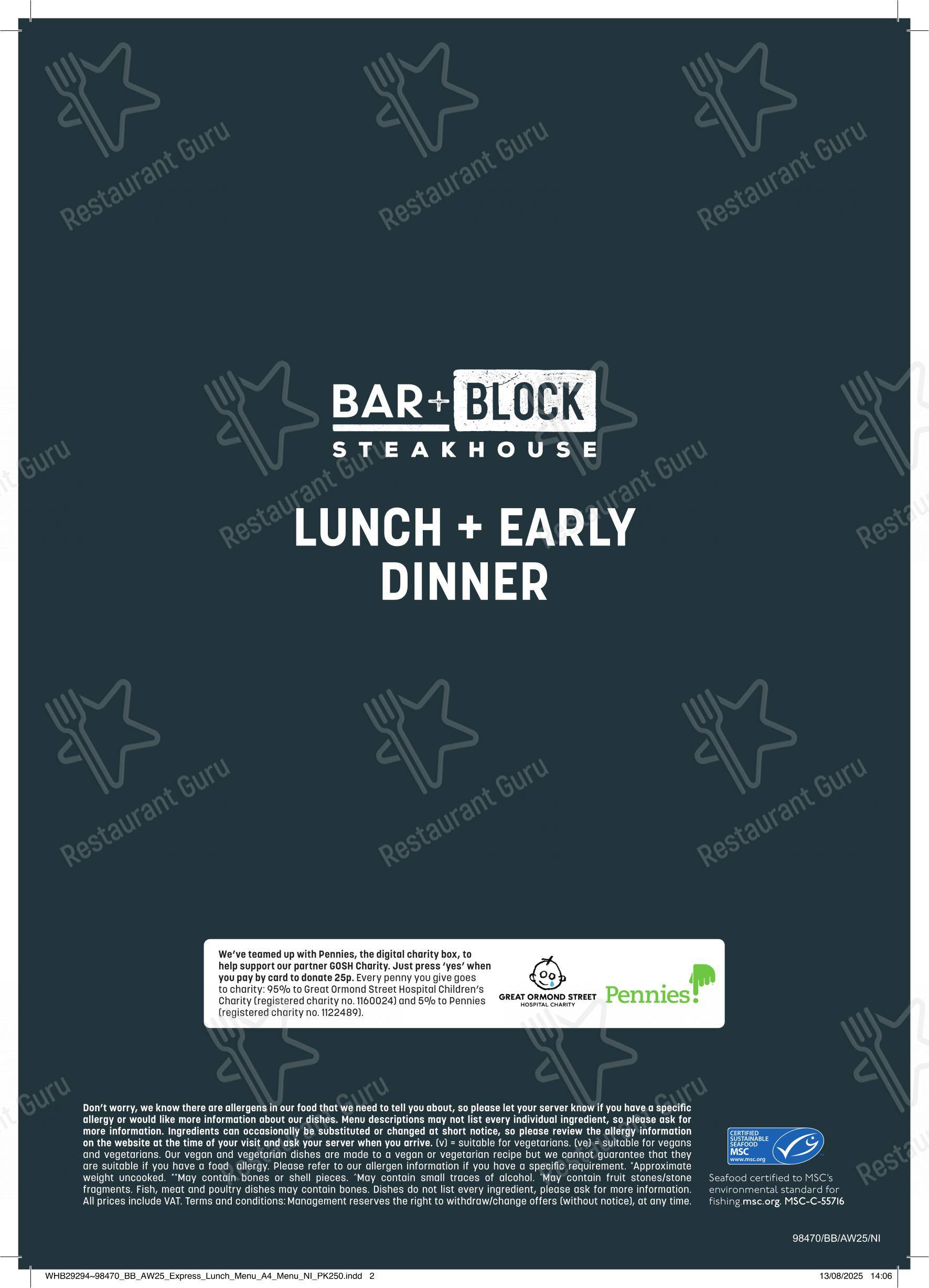 Меню паба и бара Bar + Block Steakhouse Belfast - Меню
