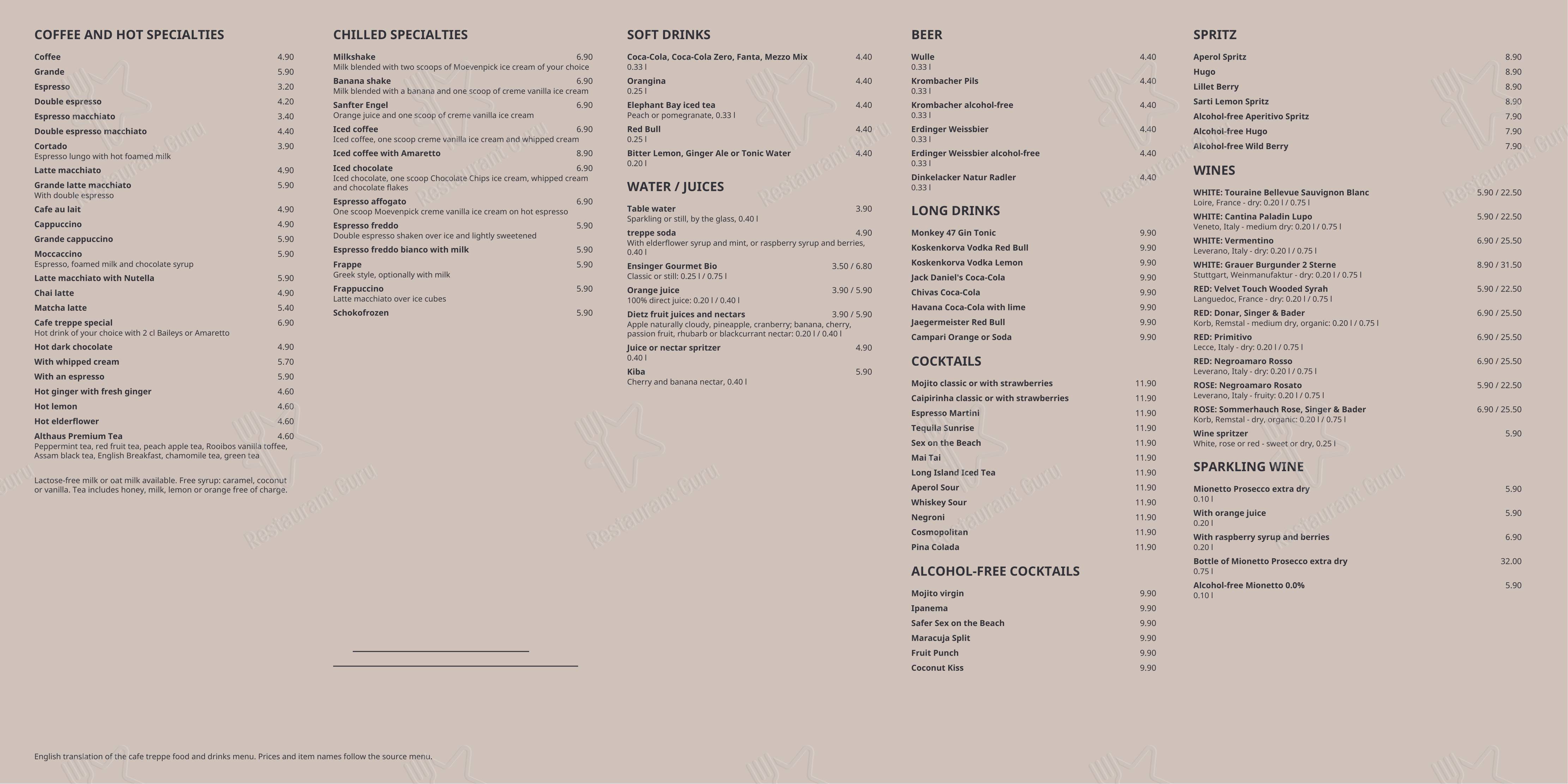 Меню напитков паба и бара Cafe treppe в Штутгарте