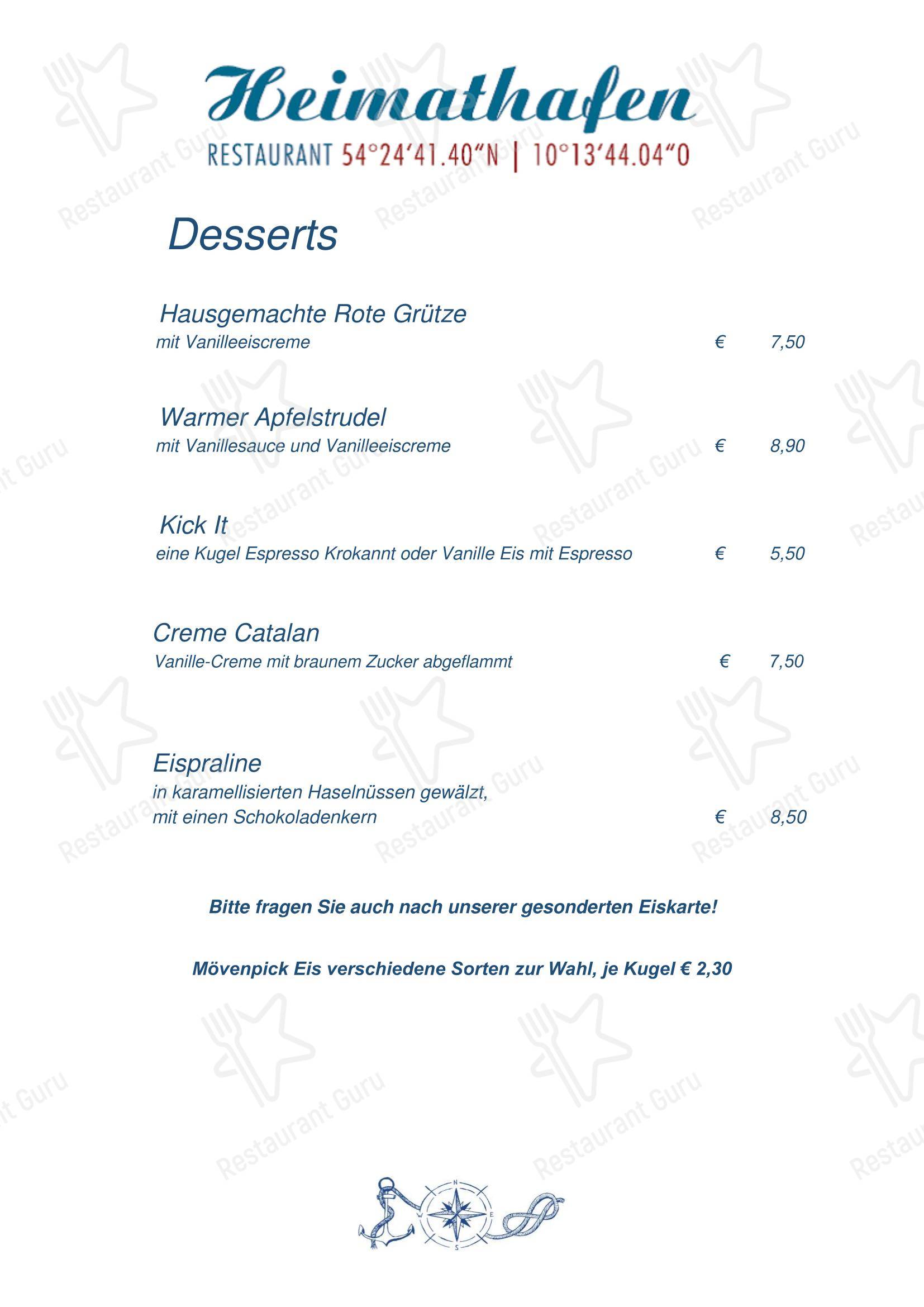 Hotel Admiral Scheer, Restaurant Heimathafen в Лабём - Меню