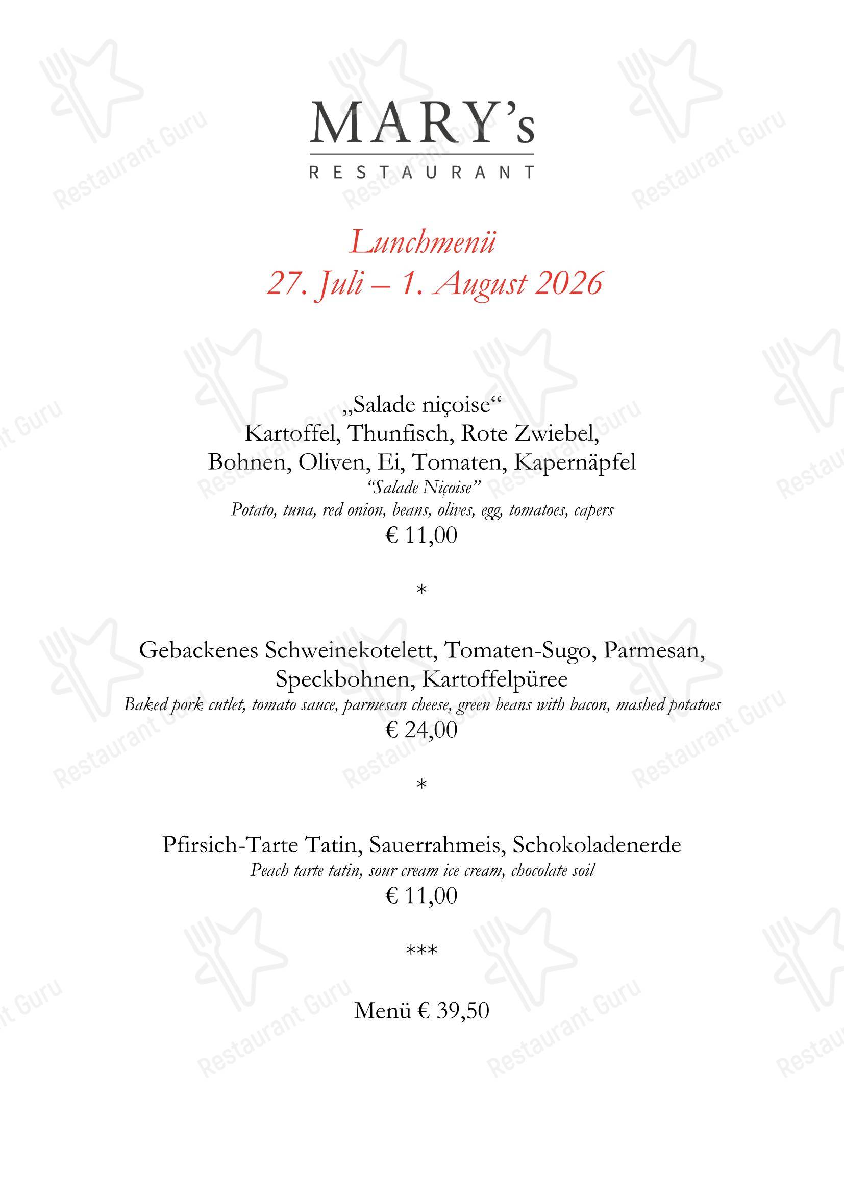 Lunch Menu ресторана MARY´s Restaurant в Ганновере