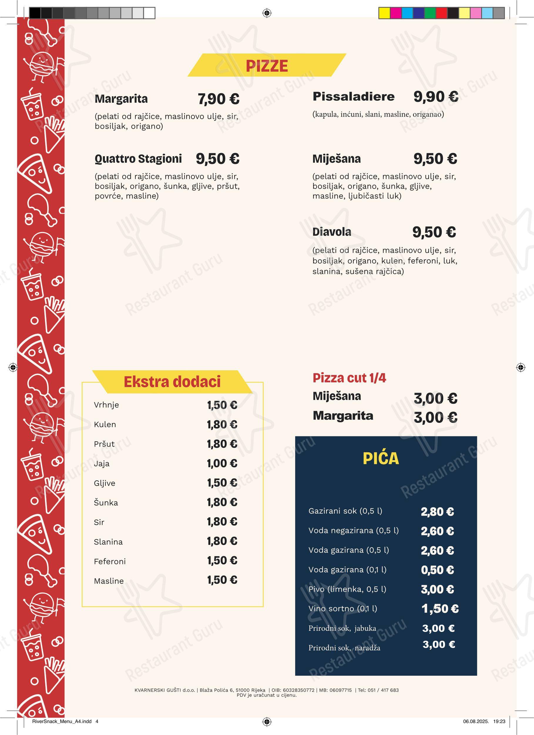 Меню ресторана River Snack Fast Food в Риеке