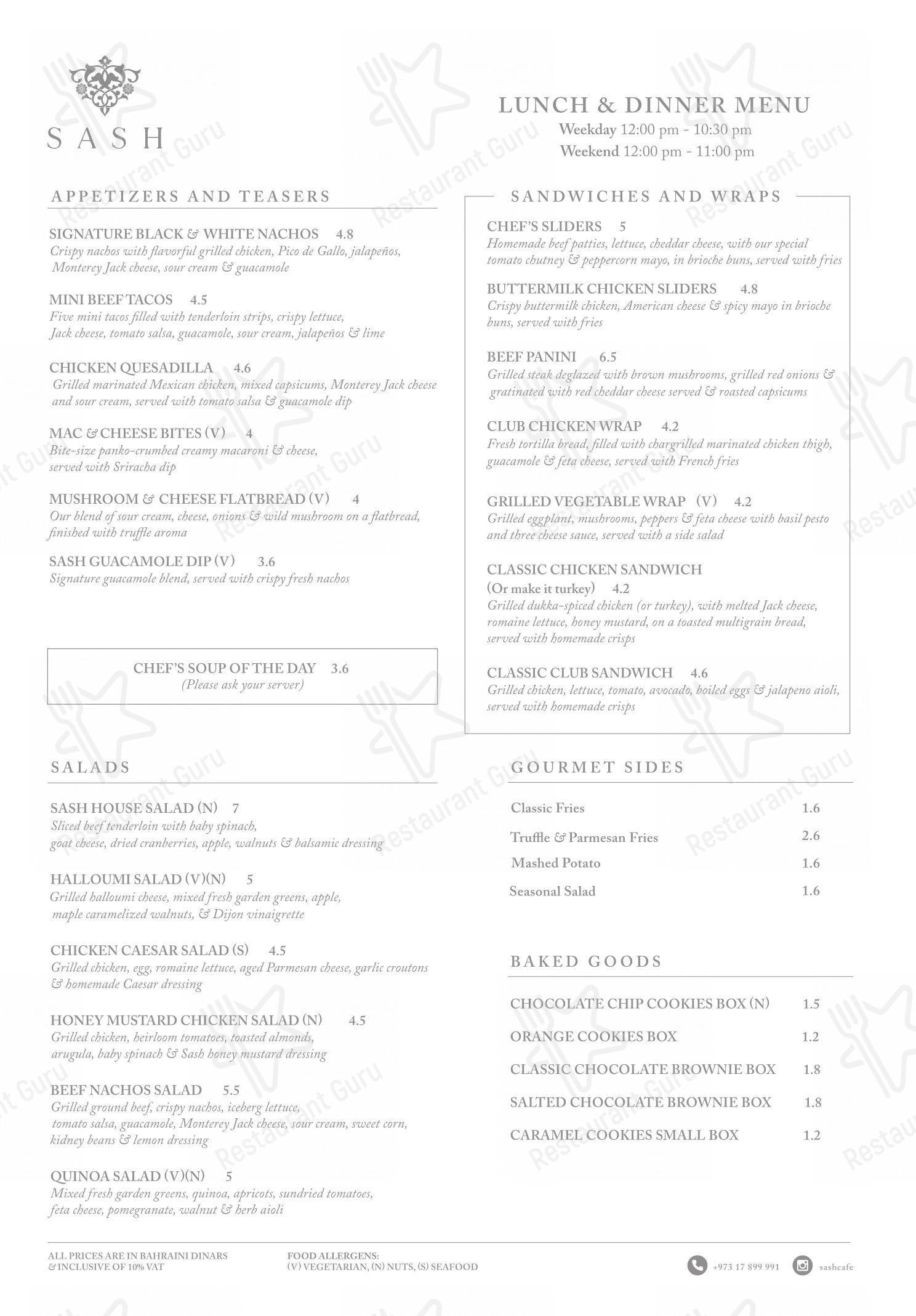 Меню ресторана Sash Cafe в Риффе