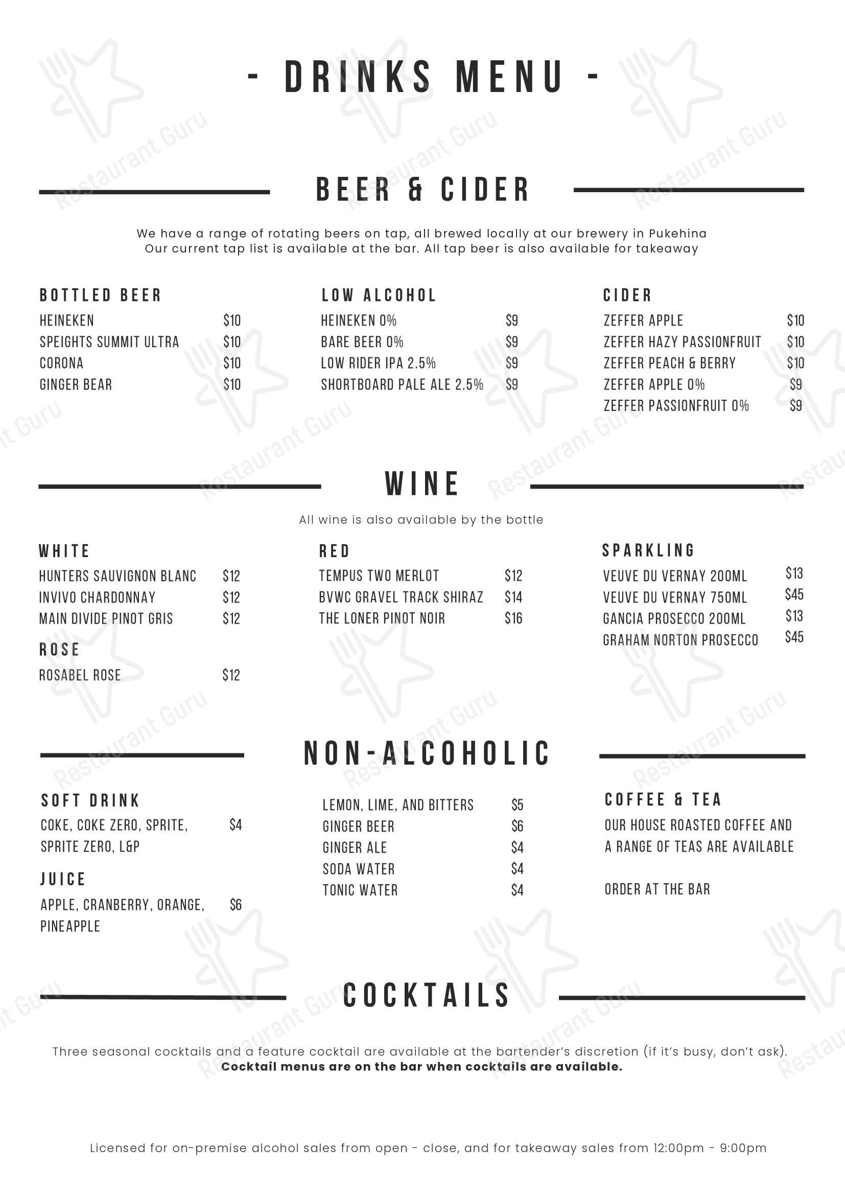Меню паба и бара The Packhouse - Lumberjack Brewing в Те Пуке